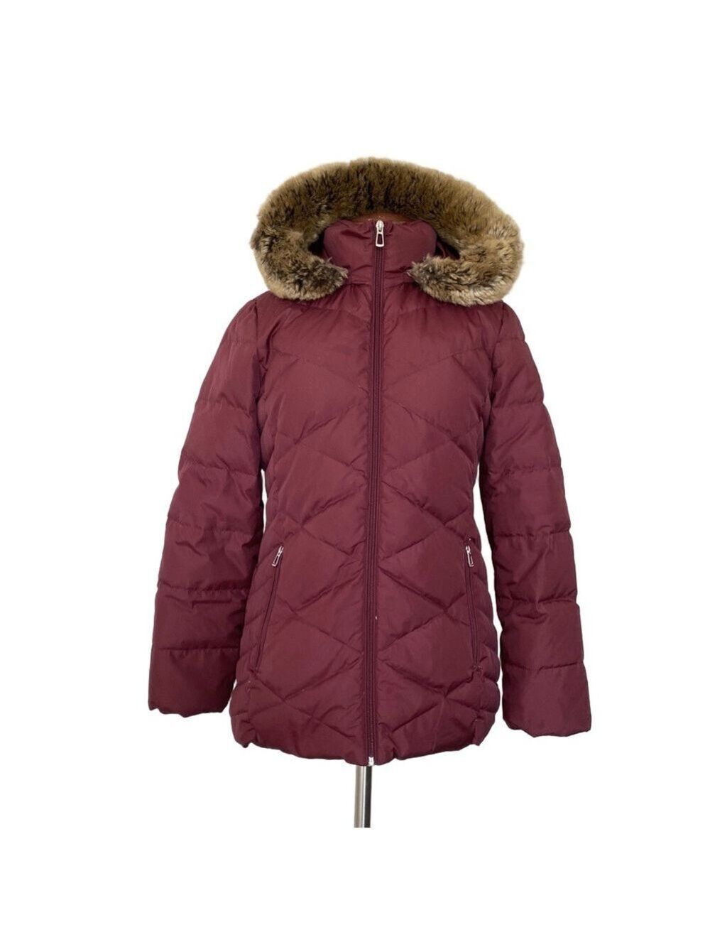 Calvin Klein Down Puffer Jacket w/ Removable Faux Fur Hood Women’s M Burgundy